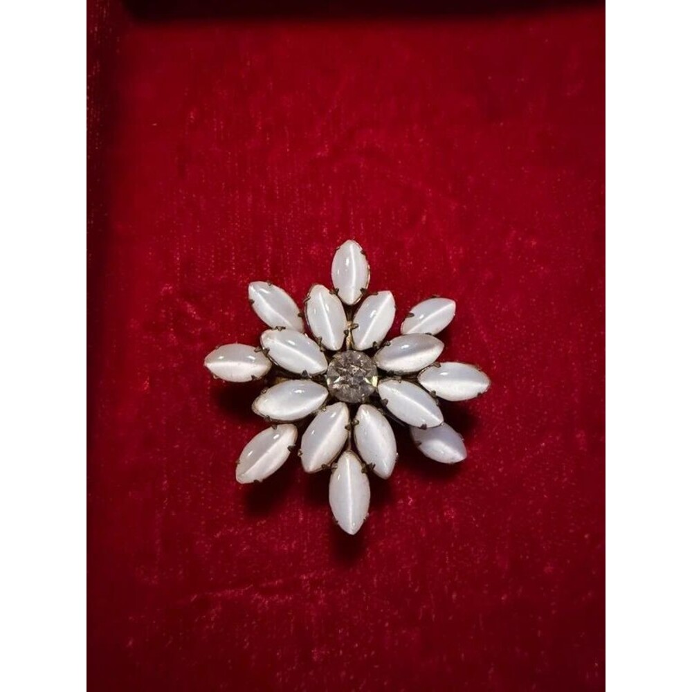 Vintage Mid Century Milk Glass & Rhinestone Starburst Brooch Pin